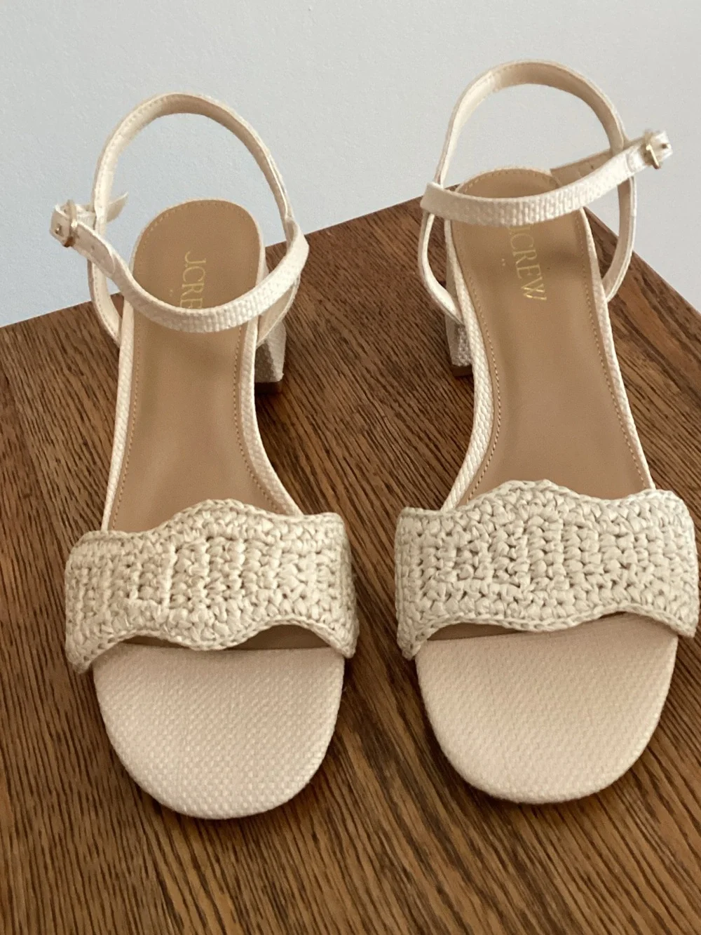 J. Crew Cream Woven Block Heel Sandal with Ankle Strap